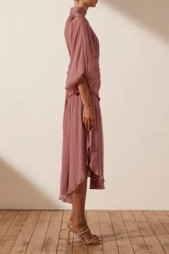 Shona Joy OLYMPIA LONG SLEEVE OPEN BACK MIDI DRESS - ANTIQUE ROSE DRESSES