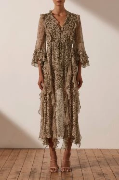 Shona Joy DRESSES CLAUDETTE BALLOON SLEEVE FRILL MIDI DRESS