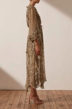 Shona Joy DRESSES CLAUDETTE BALLOON SLEEVE FRILL MIDI DRESS