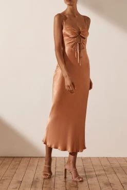 Shona Joy ELOISE LACE UP MIDI DRESS - CARAMEL DRESSES