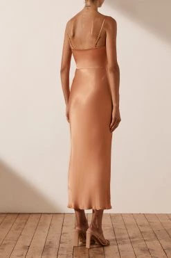 Shona Joy ELOISE LACE UP MIDI DRESS - CARAMEL DRESSES