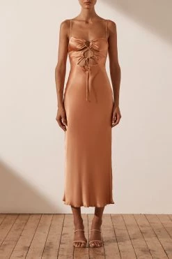 Shona Joy ELOISE LACE UP MIDI DRESS - CARAMEL DRESSES