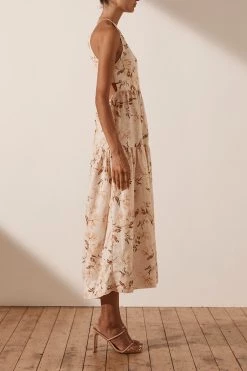 Shona Joy ROXANNE LINEN OPEN BACK TIERED MIDI DRESS DRESSES