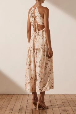 Shona Joy ROXANNE LINEN OPEN BACK TIERED MIDI DRESS DRESSES