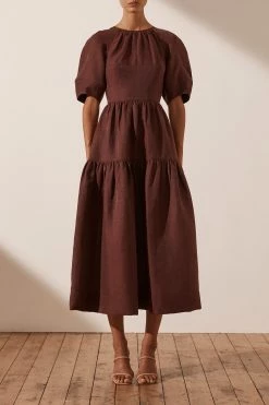Shona Joy DRESSES MARLENE LINEN SHORT SLEEVE OPEN BACK MIDI DRESS - CHOCOLATE