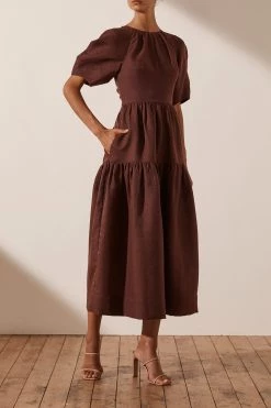 Shona Joy DRESSES MARLENE LINEN SHORT SLEEVE OPEN BACK MIDI DRESS - CHOCOLATE