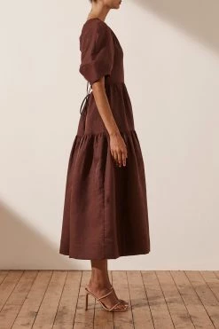 Shona Joy DRESSES MARLENE LINEN SHORT SLEEVE OPEN BACK MIDI DRESS - CHOCOLATE