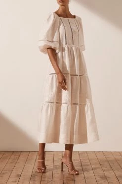 Shona Joy JOIA LINEN PIN TUCK PUFF SLEEVE MIDI DRESS - IVORY 10 Shona Joy JOIA LINEN PIN TUCK PUFF SLEEVE MIDI DRESS - IVORY