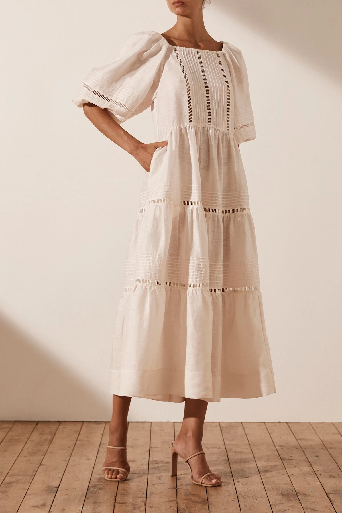 Shona Joy JOIA LINEN PIN TUCK PUFF SLEEVE MIDI DRESS - IVORY 5 Shona Joy JOIA LINEN PIN TUCK PUFF SLEEVE MIDI DRESS - IVORY