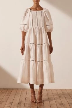 Shona Joy JOIA LINEN PIN TUCK PUFF SLEEVE MIDI DRESS - IVORY 9 Shona Joy JOIA LINEN PIN TUCK PUFF SLEEVE MIDI DRESS - IVORY