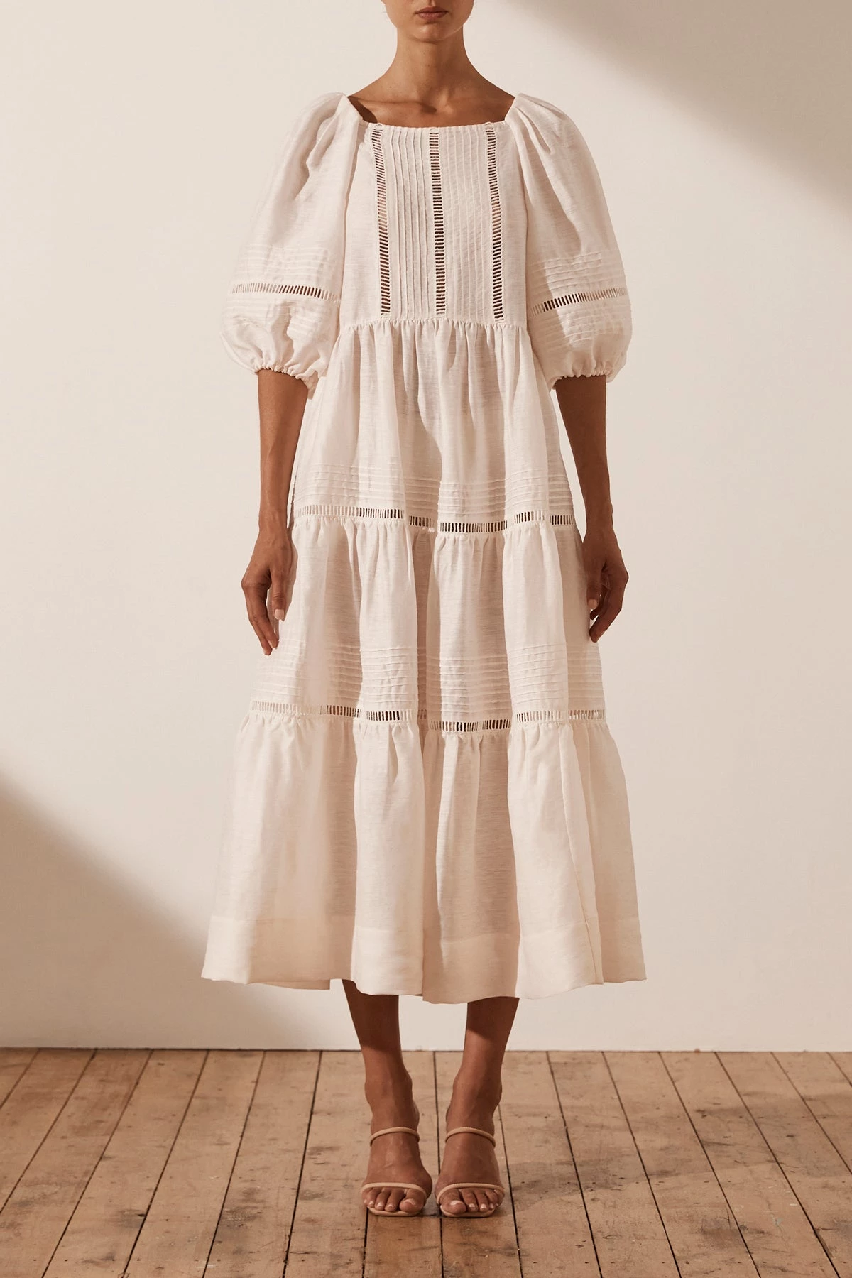 Shona Joy JOIA LINEN PIN TUCK PUFF SLEEVE MIDI DRESS - IVORY 3 Shona Joy JOIA LINEN PIN TUCK PUFF SLEEVE MIDI DRESS - IVORY