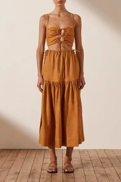 Shona Joy ARIA LINEN DRAWSTRING SPLIT MIDI SKIRT - TURMERIC