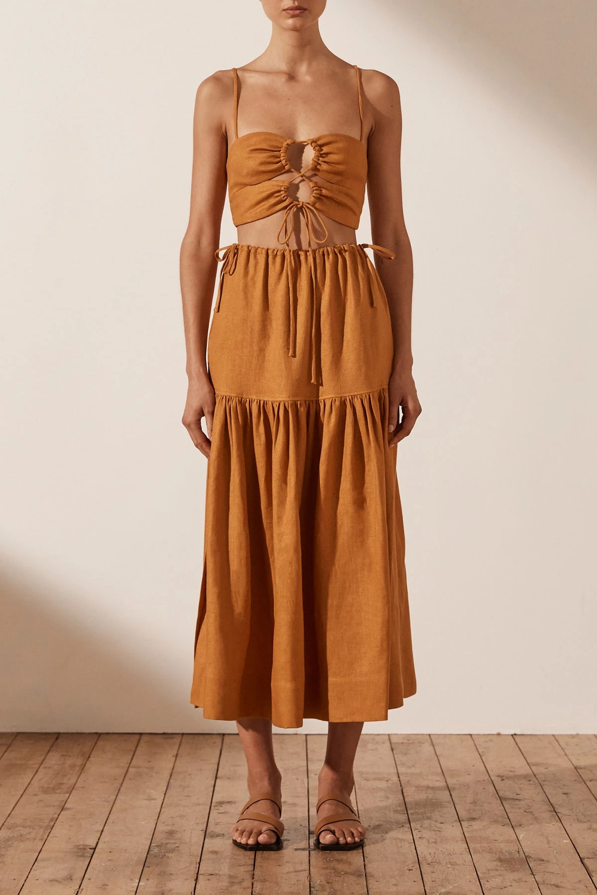 Shona Joy TOPS ARIA LINEN LACE UP BRALETTE - TURMERIC 3 Shona Joy TOPS ARIA LINEN LACE UP BRALETTE - TURMERIC