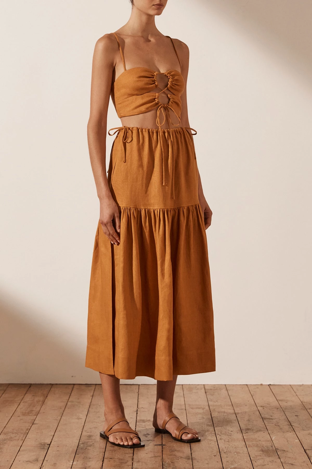 Shona Joy TOPS ARIA LINEN LACE UP BRALETTE - TURMERIC 4 Shona Joy TOPS ARIA LINEN LACE UP BRALETTE - TURMERIC