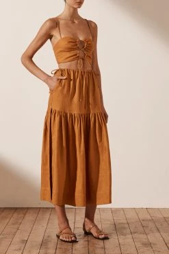 Shona Joy ARIA LINEN DRAWSTRING SPLIT MIDI SKIRT - TURMERIC 7 Shona Joy ARIA LINEN DRAWSTRING SPLIT MIDI SKIRT - TURMERIC