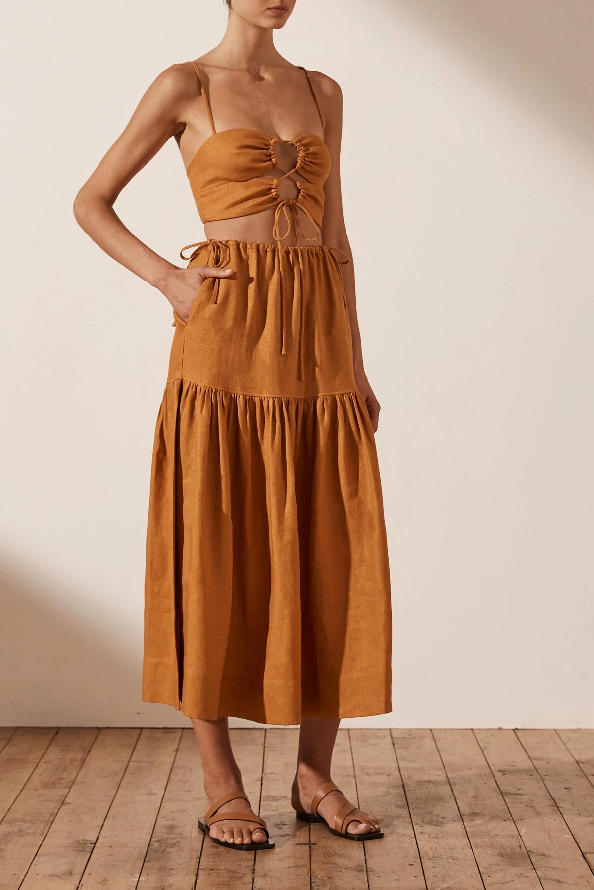 Shona Joy ARIA LINEN DRAWSTRING SPLIT MIDI SKIRT - TURMERIC 3 Shona Joy ARIA LINEN DRAWSTRING SPLIT MIDI SKIRT - TURMERIC