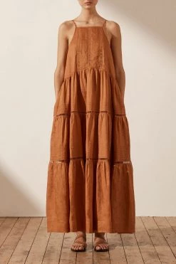 Shona Joy JOANA LINEN PIN TUCK SLEEVELESS MAXI DRESS - RUST DRESSES