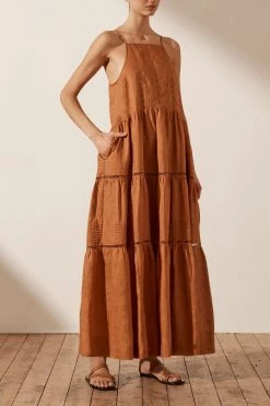 Shona Joy JOANA LINEN PIN TUCK SLEEVELESS MAXI DRESS - RUST DRESSES
