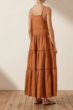 Shona Joy JOANA LINEN PIN TUCK SLEEVELESS MAXI DRESS - RUST DRESSES