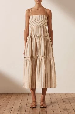 Shona Joy ARIES LINEN OPEN BACK TIERED MIDI DRESS