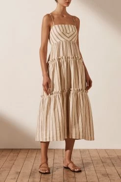 Shona Joy ARIES LINEN OPEN BACK TIERED MIDI DRESS