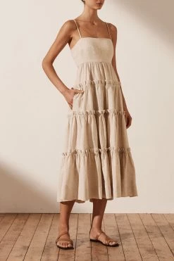 Shona Joy DRESSES FIONA OPEN BACK TIERED MIDI DRESS - OATMEAL