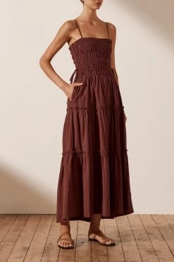 Shona Joy DRESSES KAIA SHIRRED TIERED MIDI DRESS - CHOCOLATE