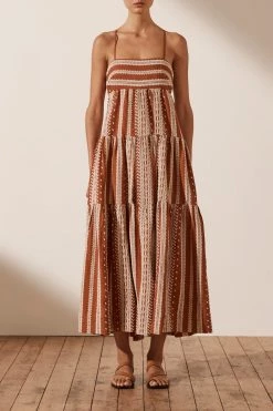 Shona Joy ATLAS LINEN BACKLESS TIERED MIDI DRESS - PAPRIKA/CREAM