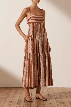 Shona Joy ATLAS LINEN BACKLESS TIERED MIDI DRESS - PAPRIKA/CREAM