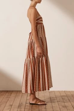 Shona Joy ATLAS LINEN BACKLESS TIERED MIDI DRESS - PAPRIKA/CREAM