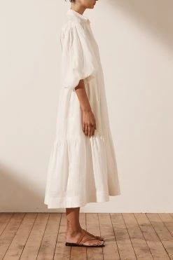 Shona Joy COSMO LINEN BUTTON UP TIERED MIDI DRESS - RICE DRESSES