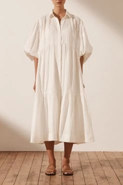 Shona Joy COSMO LINEN BUTTON UP TIERED MIDI DRESS - RICE DRESSES