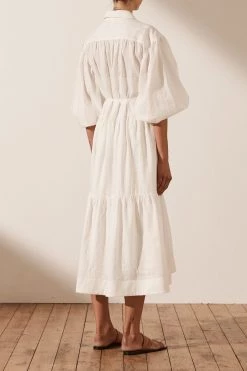Shona Joy COSMO LINEN BUTTON UP TIERED MIDI DRESS - RICE DRESSES