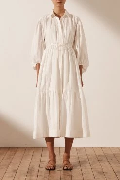 Shona Joy COSMO LINEN BUTTON UP TIERED MIDI DRESS - RICE DRESSES