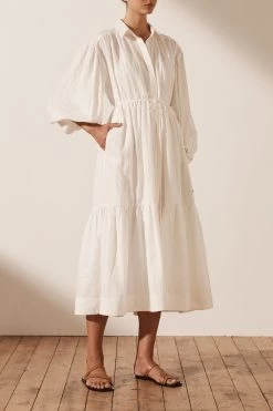 Shona Joy COSMO LINEN BUTTON UP TIERED MIDI DRESS - RICE DRESSES