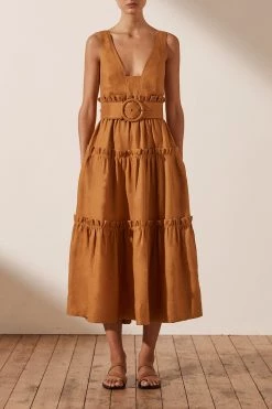 Shona Joy ARIA LINEN TIERED MIDI DRESS - TURMERIC