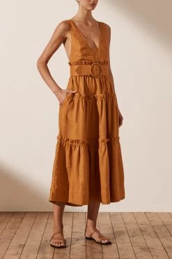 Shona Joy ARIA LINEN TIERED MIDI DRESS - TURMERIC