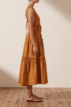 Shona Joy ARIA LINEN TIERED MIDI DRESS - TURMERIC
