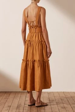 Shona Joy ARIA LINEN TIERED MIDI DRESS - TURMERIC