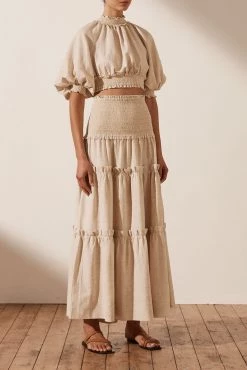 Shona Joy FIONA BALLOON SLEEVE SHIRRED CROP TOP - OATMEAL