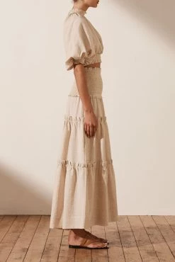 Shona Joy FIONA BALLOON SLEEVE SHIRRED CROP TOP - OATMEAL