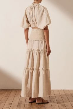 Shona Joy FIONA BALLOON SLEEVE SHIRRED CROP TOP - OATMEAL