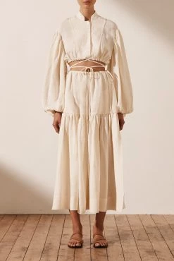 Shona Joy BRIGITTE LINEN CROPPED DRAWSTRING SHIRT - TOFU TOPS