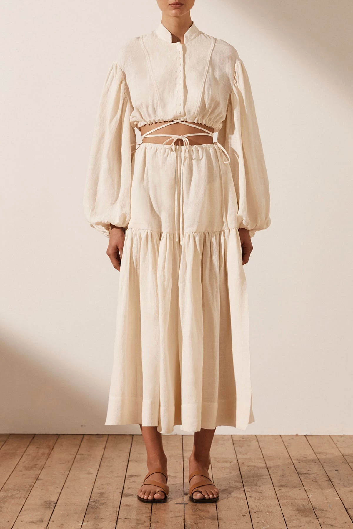 Shona Joy SKIRTS BRIGITTE LINEN DRAWSTRING SPLIT MIDI SKIRT -TOFU 3 Shona Joy SKIRTS BRIGITTE LINEN DRAWSTRING SPLIT MIDI SKIRT -TOFU