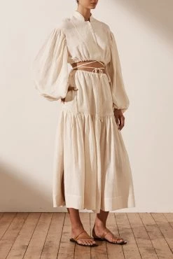 Shona Joy SKIRTS BRIGITTE LINEN DRAWSTRING SPLIT MIDI SKIRT -TOFU 9 Shona Joy SKIRTS BRIGITTE LINEN DRAWSTRING SPLIT MIDI SKIRT -TOFU