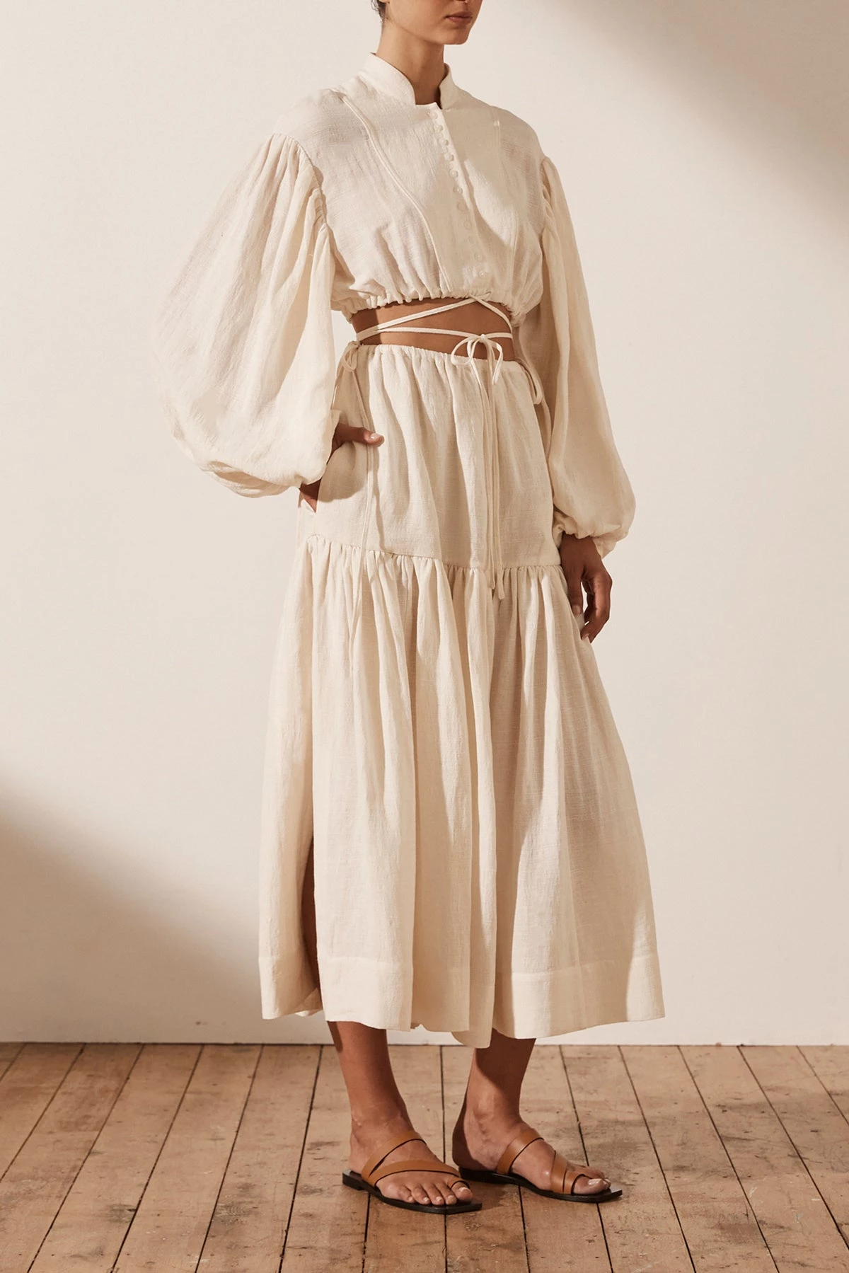 Shona Joy SKIRTS BRIGITTE LINEN DRAWSTRING SPLIT MIDI SKIRT -TOFU 4 Shona Joy SKIRTS BRIGITTE LINEN DRAWSTRING SPLIT MIDI SKIRT -TOFU