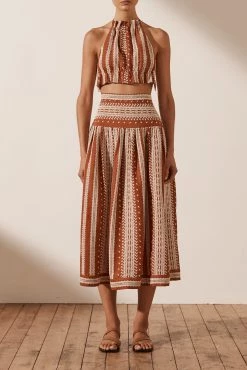 Shona Joy ATLAS LINEN SPLIT MIDI SKIRT - PAPRIKA/CREAM