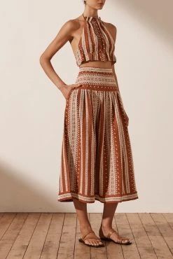 Shona Joy ATLAS LINEN SPLIT MIDI SKIRT - PAPRIKA/CREAM