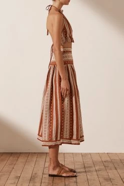 Shona Joy ATLAS LINEN SPLIT MIDI SKIRT - PAPRIKA/CREAM