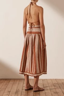 Shona Joy ATLAS LINEN SPLIT MIDI SKIRT - PAPRIKA/CREAM